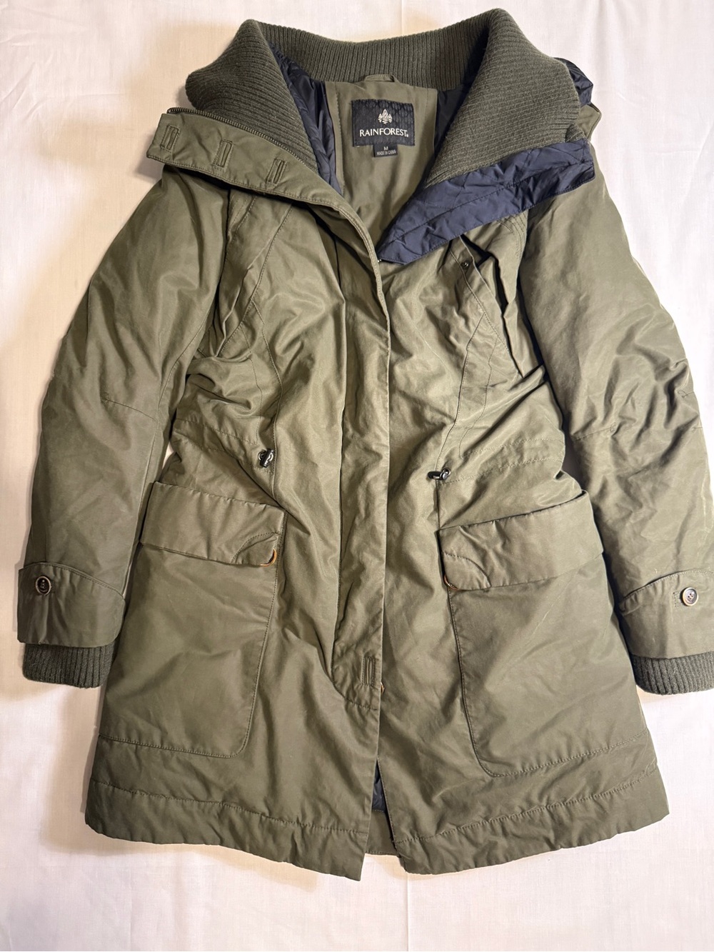 Rainforest Insulated Winter Parka Coat Size M Olive Green Rib Knit Collar Hooded